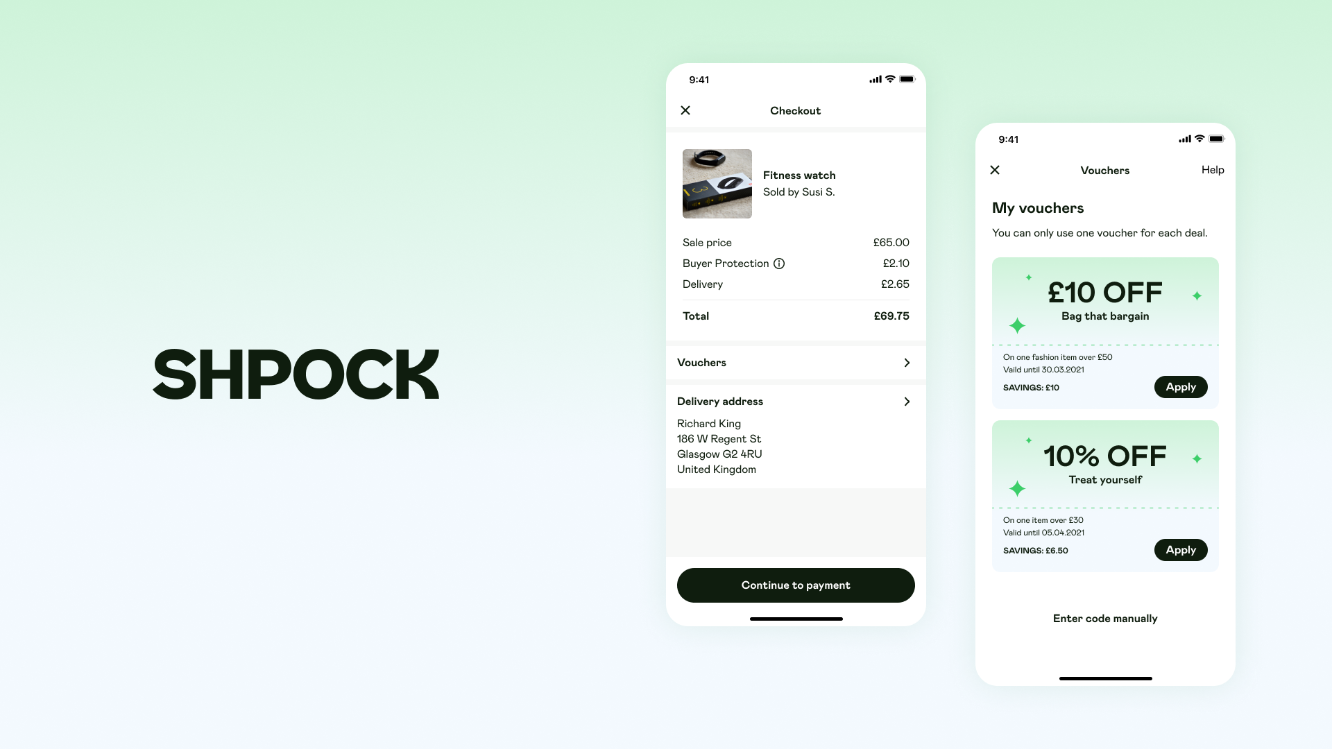 Shpock Logo und zwei Ansichten des Vouchersystems